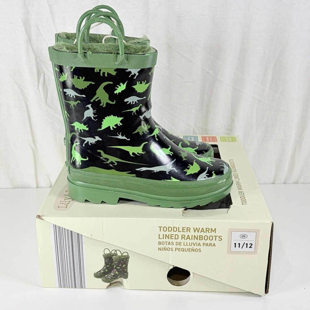 Lily And Dan Boys Fleece Lined Water RainBoots Green Dinosaur Size Toddler 11/12